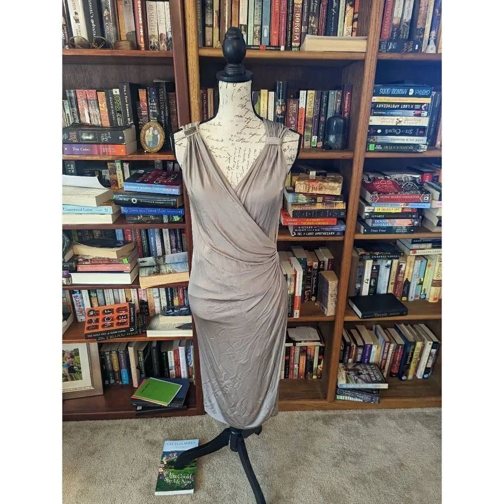 D. exterior grey jersey knit faux wrap jeweled strap cocktail dress sz m